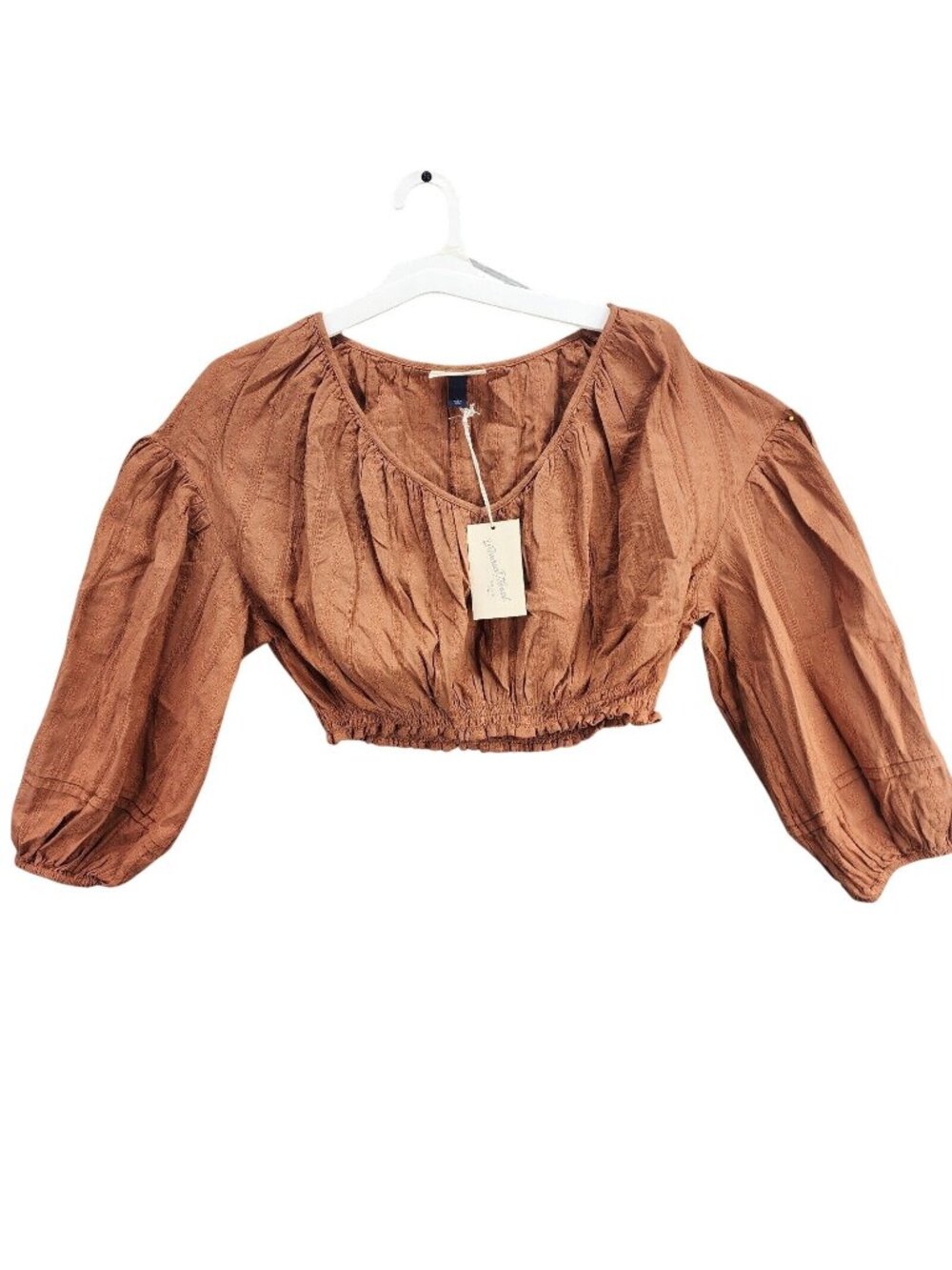 Womans Universal Thread Brown Embroidered Crop Top Balloon Sleeve V Neck Size L